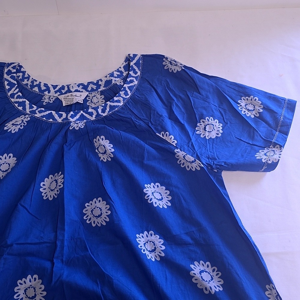 Ulla Popken Dress Women 16/18 Blue Cotton Floral Block Print Short Sleeve Shift